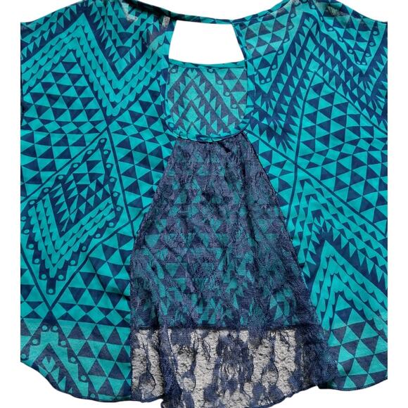 NWT Women's Sheer Crop Top, Blue/Green, Small, Aztec, Tribal Pattern, Lace Back - Picture 4 of 4